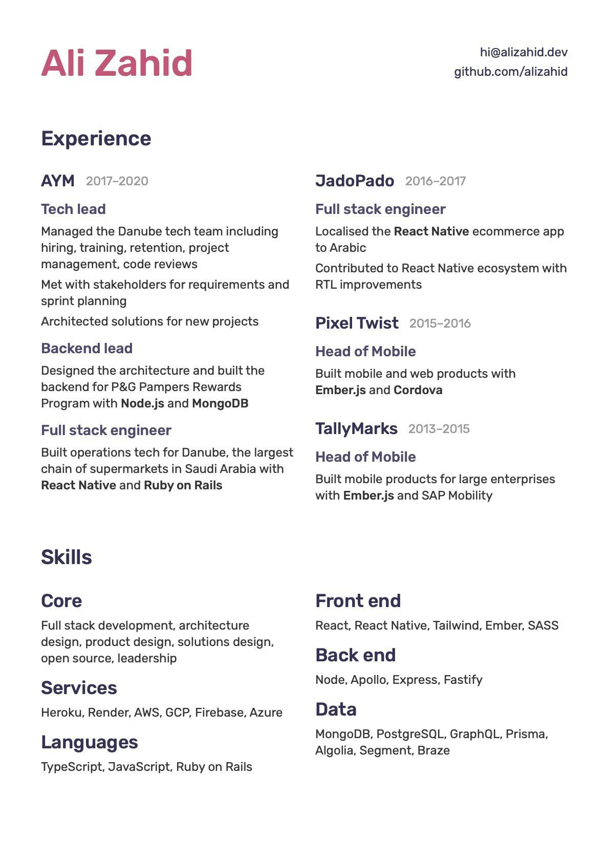 2020 version of resume of Ali Zahid, creator of Resume 5.0.